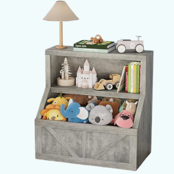 wooden toy box with bookshelf photo